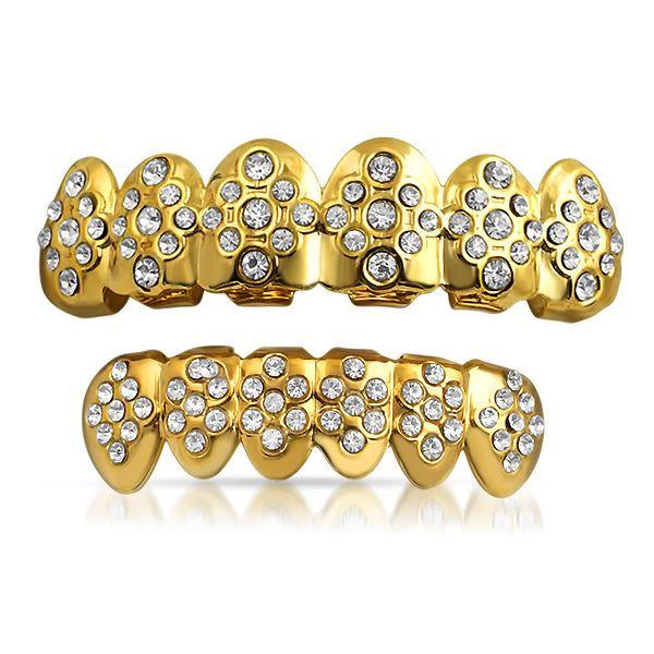 Gold Grillz Diamond Ice Pattern Teeth Set HipHopBling