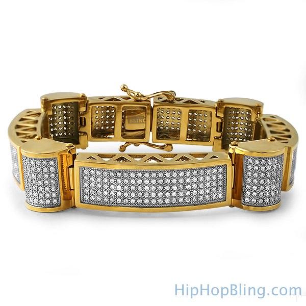 Gold Ice Cylinders Micro Pave CZ Steel Bracelet HipHopBling