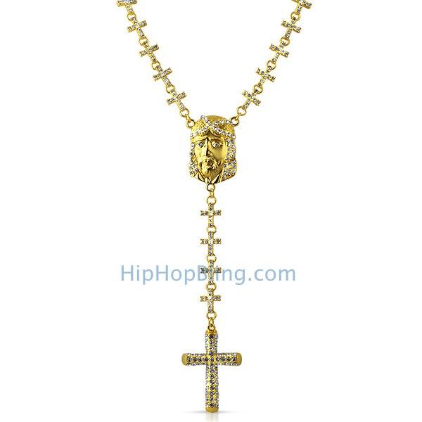 Gold Jesus Piece Cross Link Totally Iced Out Rosary Necklace HipHopBling