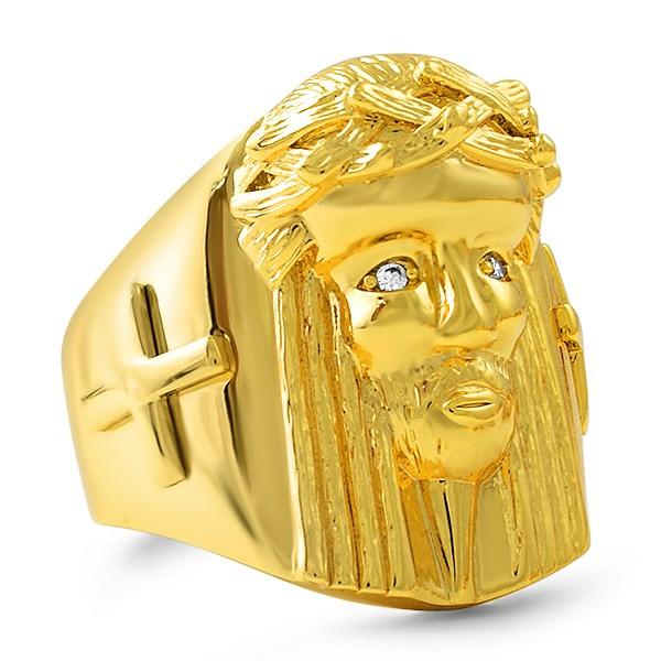 Gold Jesus Piece Ring with Cross 7 HipHopBling