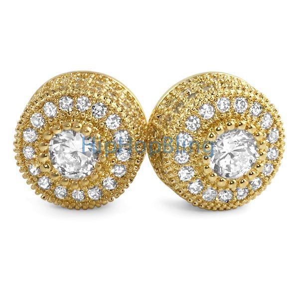 Gold Mega 3D Cluster CZ Iced Out Earrings HipHopBling