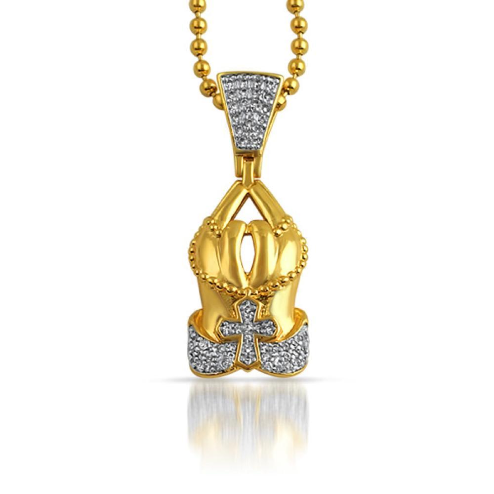 Gold Prayer Hands Cross CZ Polished Bling Pendant HipHopBling