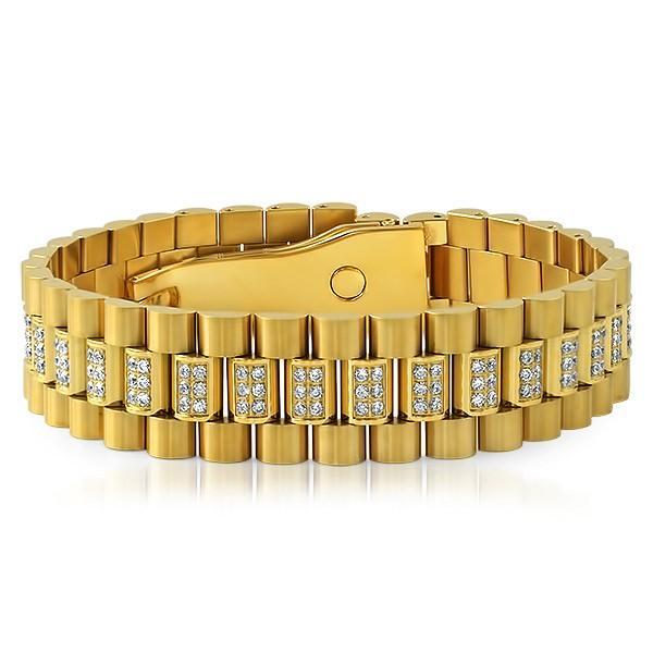 Gold President Bracelet CZ Set Center Links HipHopBling