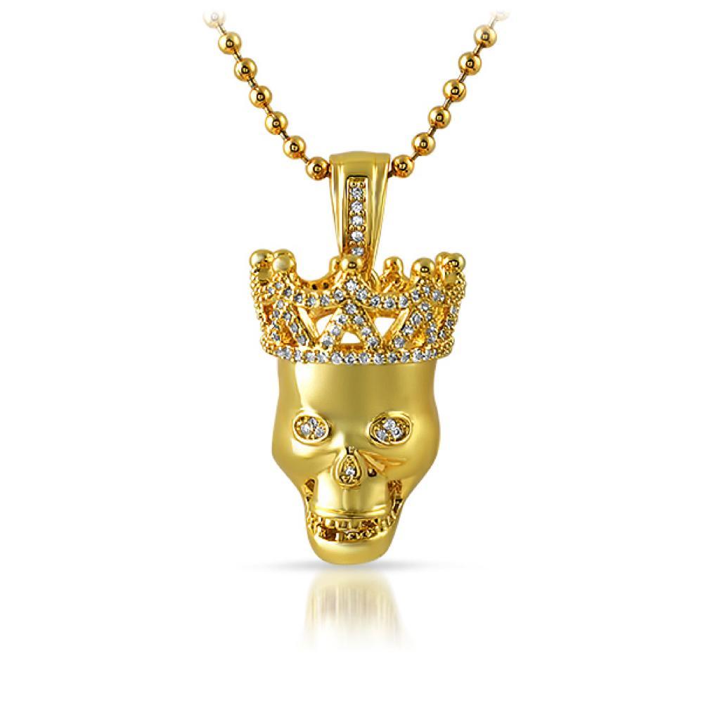 Gold Skull Polished with 3D CZ Crown Pendant HipHopBling