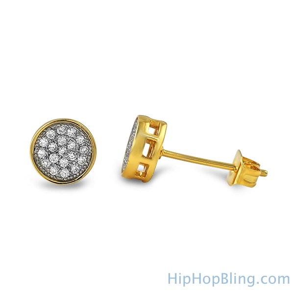 Gold Small Circle CZ Iced Out Earrings HipHopBling