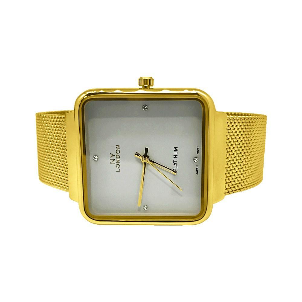 Gold with White Dial Square Mesh Band Watch HipHopBling