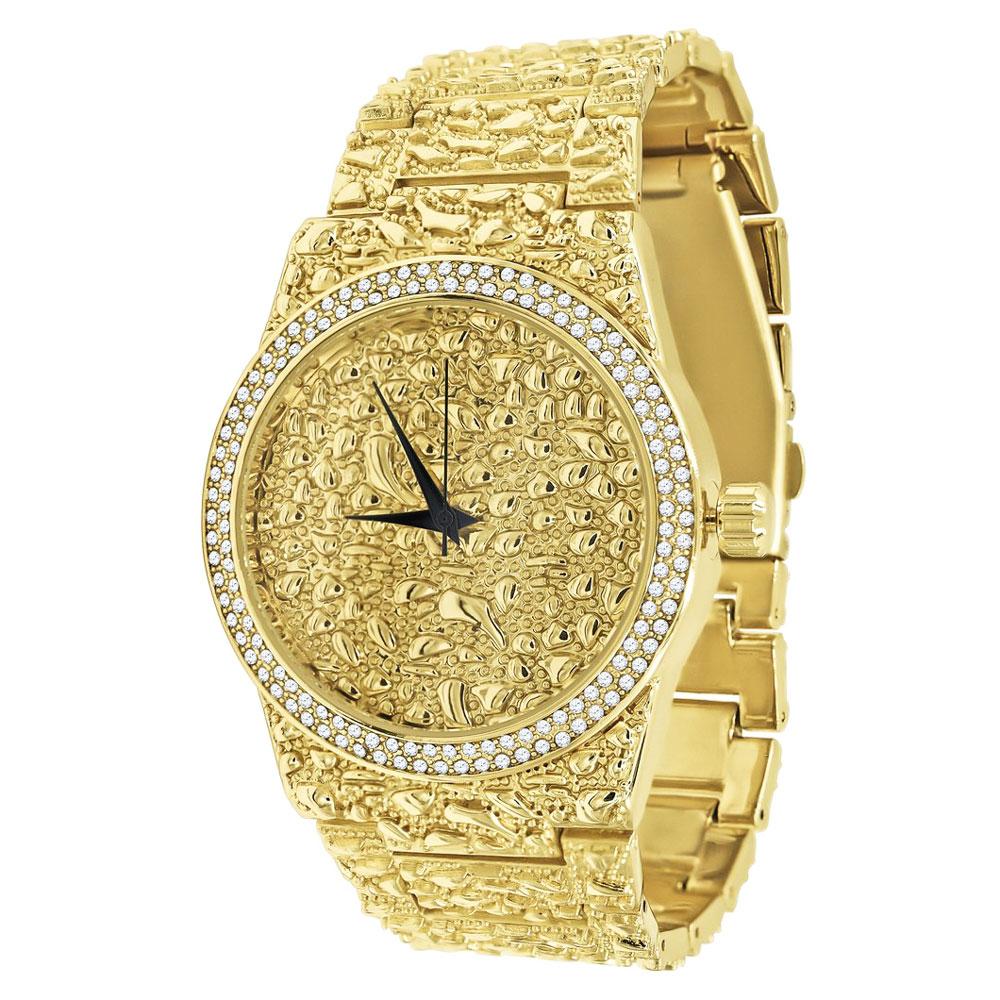 Golden Nugget Iced Out Double Bezel Hip Hop Watch Yellow Gold HipHopBling