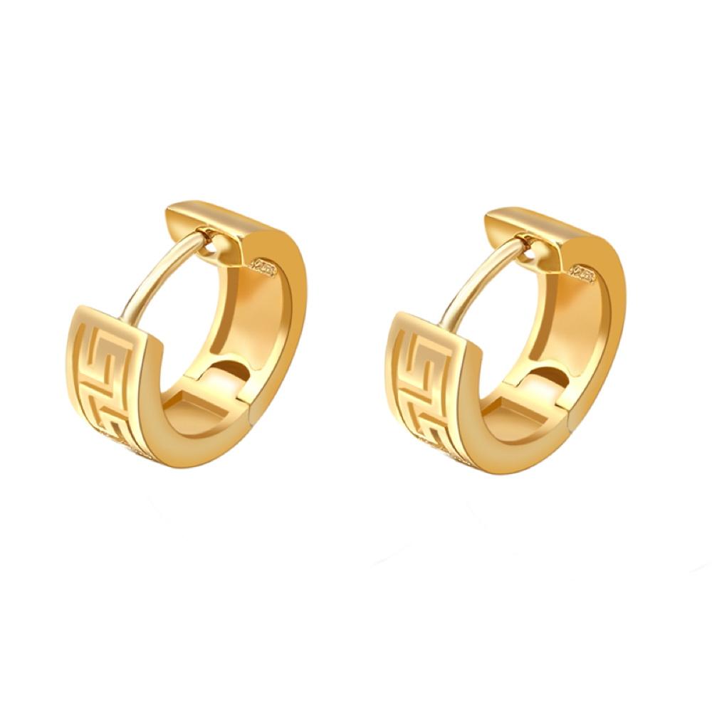 Greek Pattern Huggie Hoop Earrings .925 Silver Yellow Gold HipHopBling