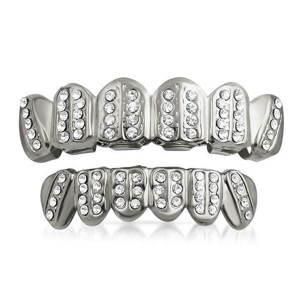 Grillz Ice Bars Silver Teeth Top Bottom Set HipHopBling