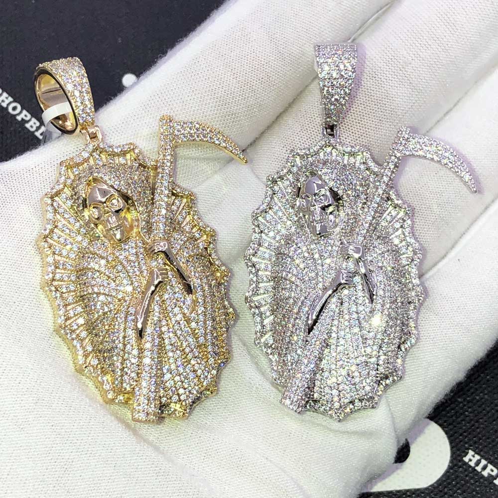 Grim Reaper VVS CZ Hip Hop Iced Out Pendant Yellow Gold HipHopBling