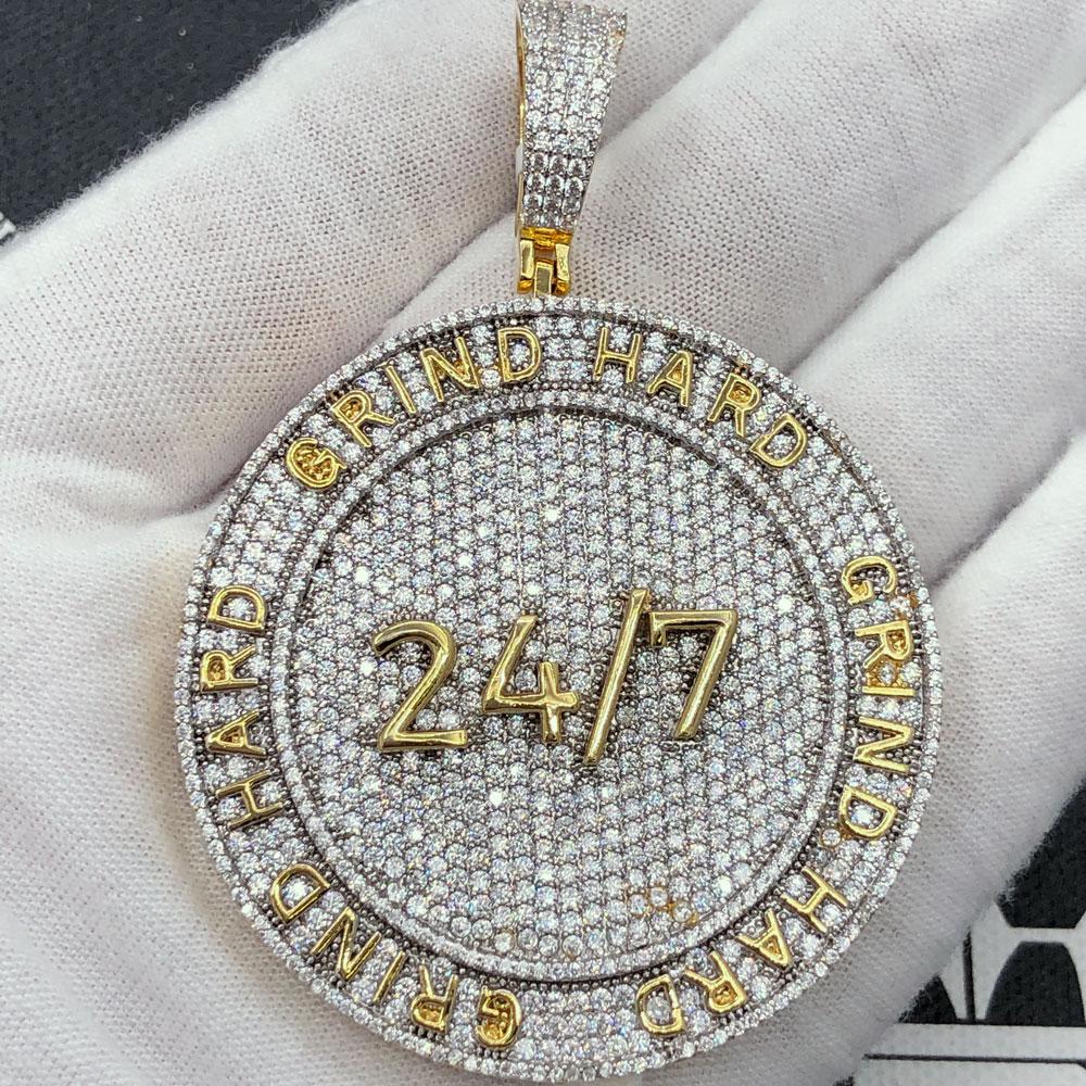Grind Hard 24/7 CZ Hip Hop Bling Iced Out Pendant Yellow Gold HipHopBling