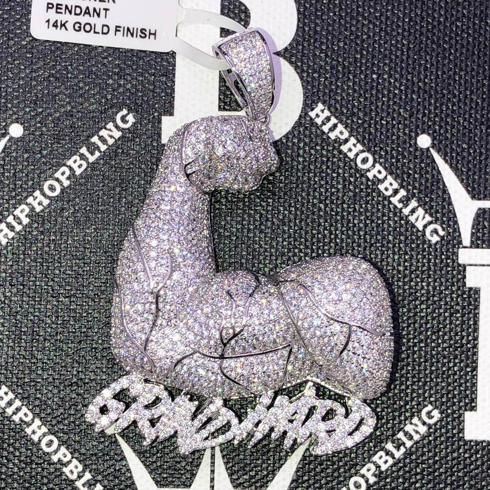Grind Hard Muscles CZ Hip Hop Bling Bling Pendant White Gold HipHopBling