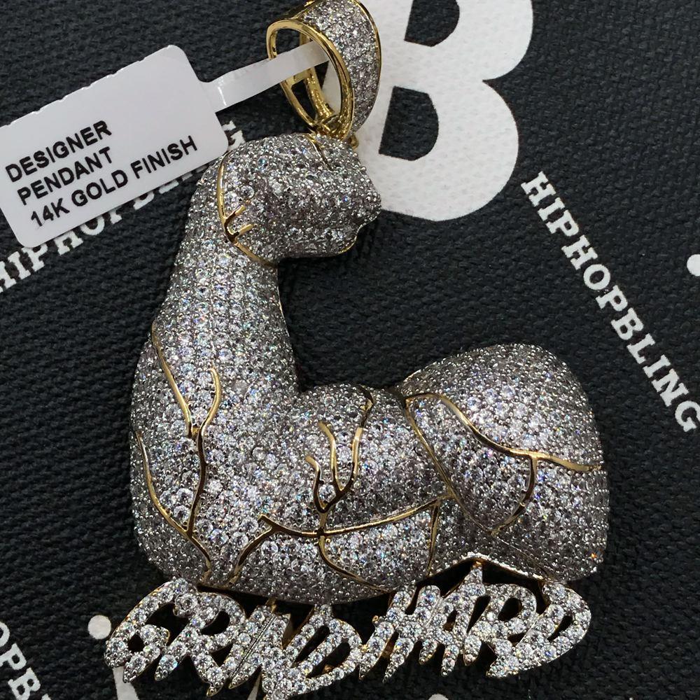 Grind Hard Muscles CZ Hip Hop Bling Bling Pendant Yellow Gold HipHopBling