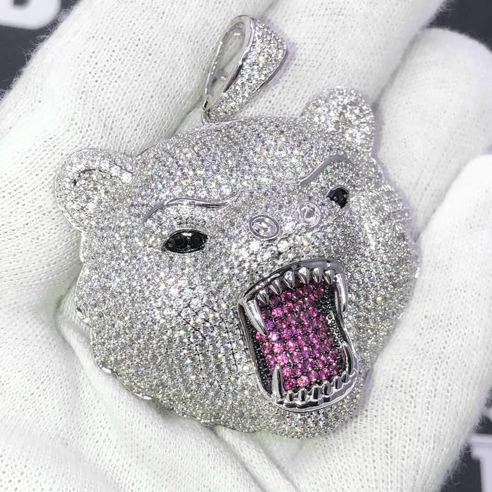 Grizzly Bear CZ Hip Hop Bling Bling Pendant White Gold HipHopBling