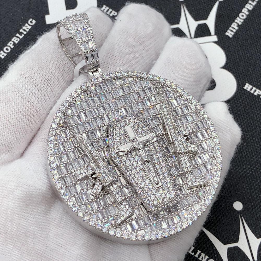 Guns & God Jesus Baguette CZ Iced Out Pendant White Gold HipHopBling