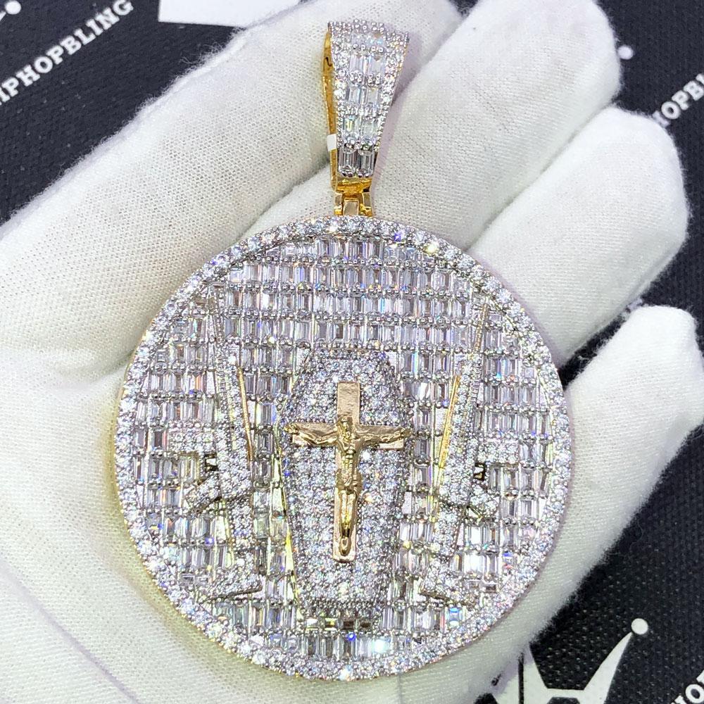 Guns & God Jesus Baguette CZ Iced Out Pendant Yellow Gold HipHopBling