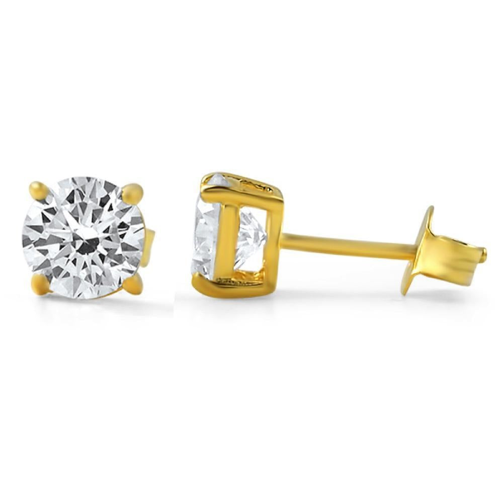 H&A Round Cut CZ Stud Earrings Gold .925 Silver 4MM HipHopBling