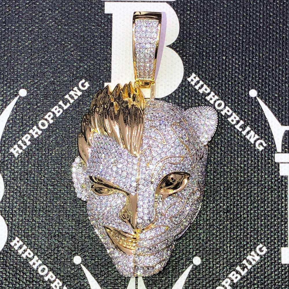 Half Man Half Tiger CZ Hip Hop Bling Bling Pendant Yellow Gold HipHopBling