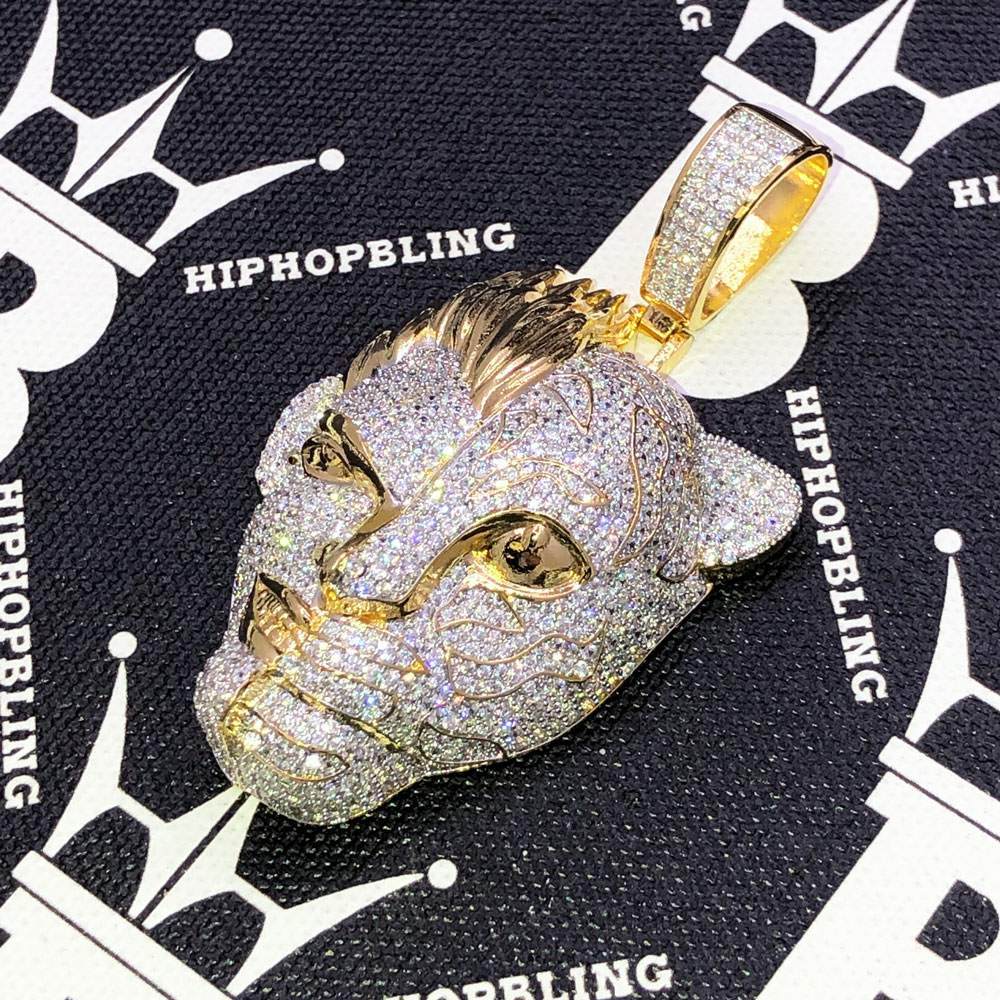 Half Man Half Tiger CZ Hip Hop Bling Bling Pendant Yellow Gold HipHopBling