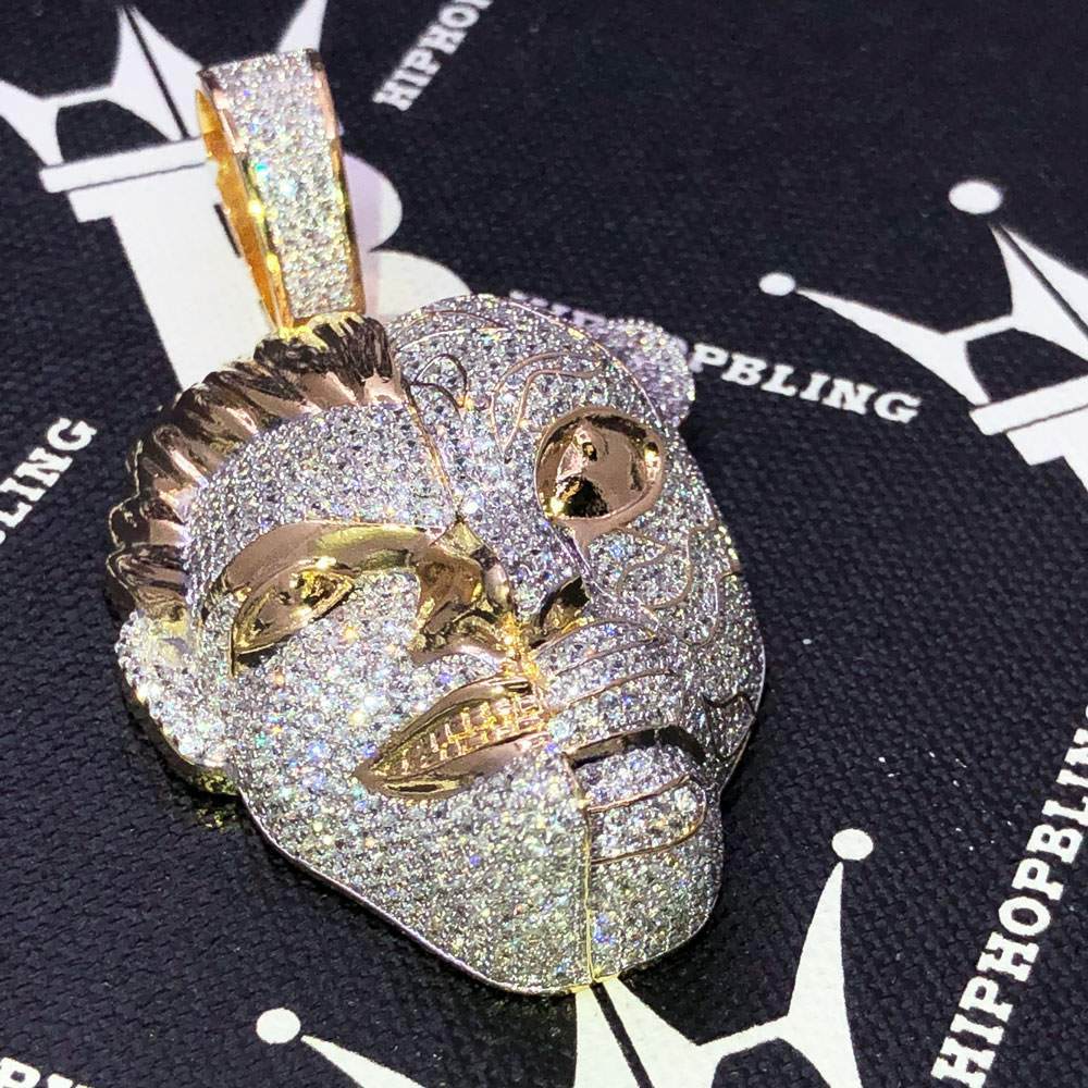Half Man Half Tiger CZ Hip Hop Bling Bling Pendant Yellow Gold HipHopBling