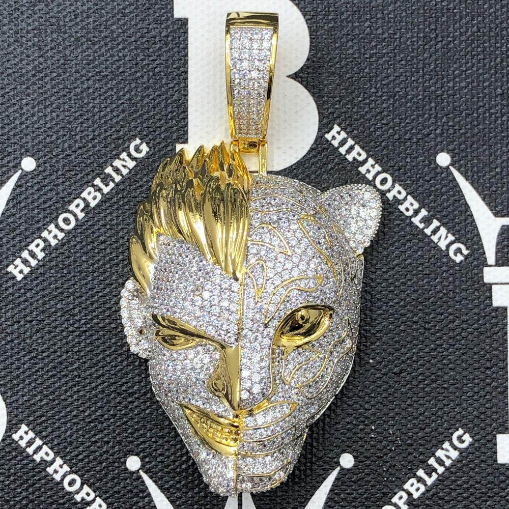 Half Man Half Tiger CZ Hip Hop Bling Bling Pendant Yellow Gold HipHopBling