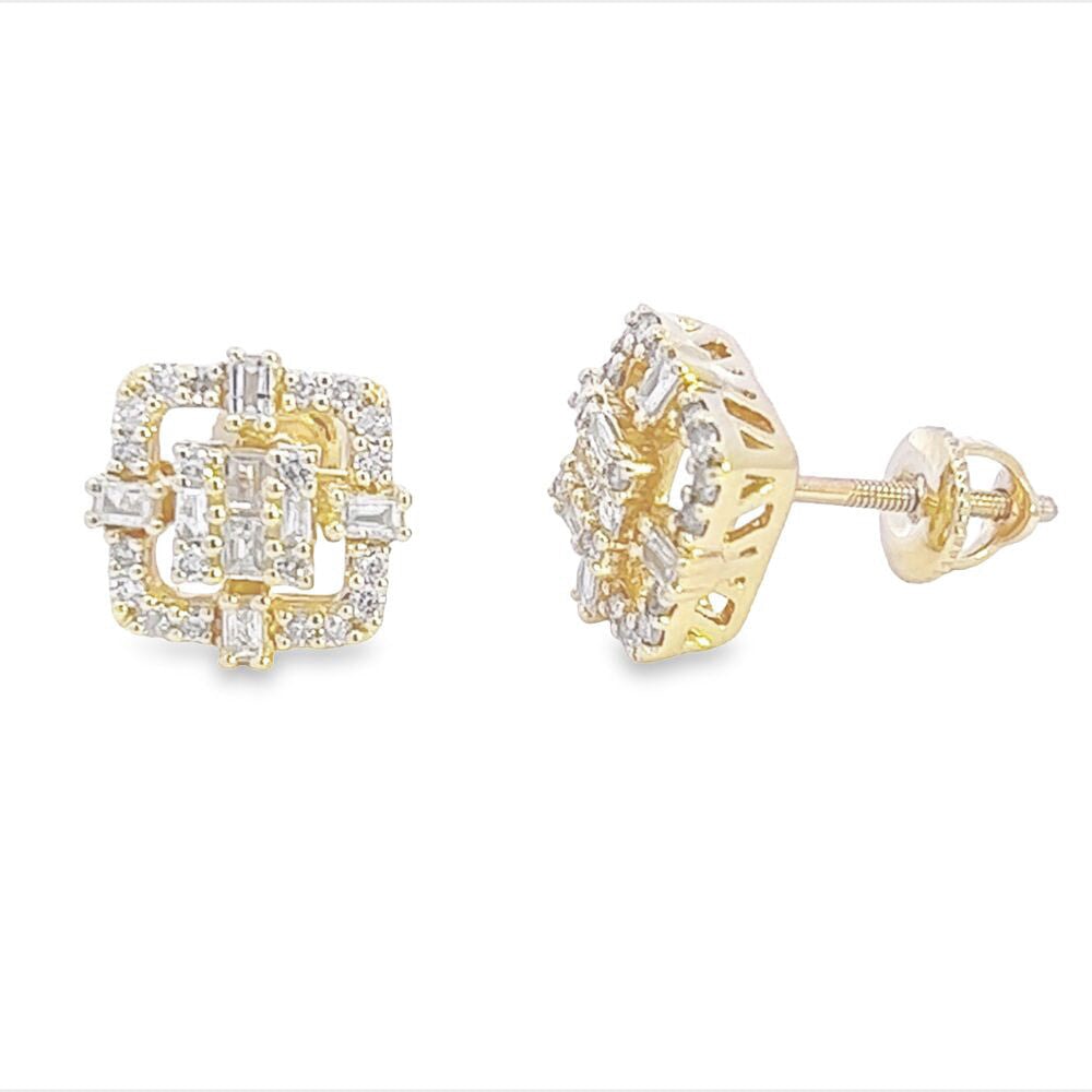 Halo Cluster Baguette Diamond Earrings .45cttw 10K Gold HipHopBling