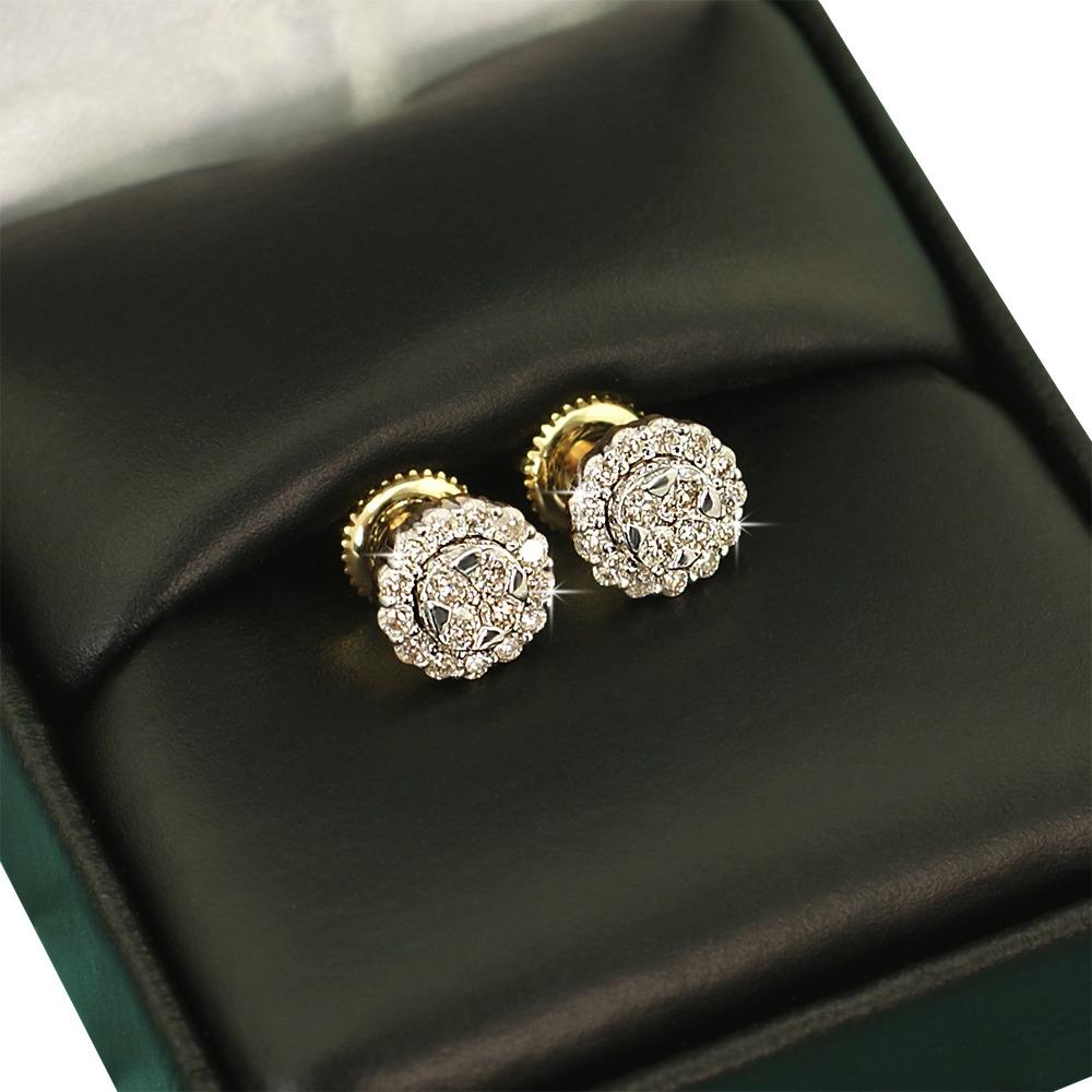 Halo Cluster Diamond Earrings .55cttw 10K Yellow Gold HipHopBling