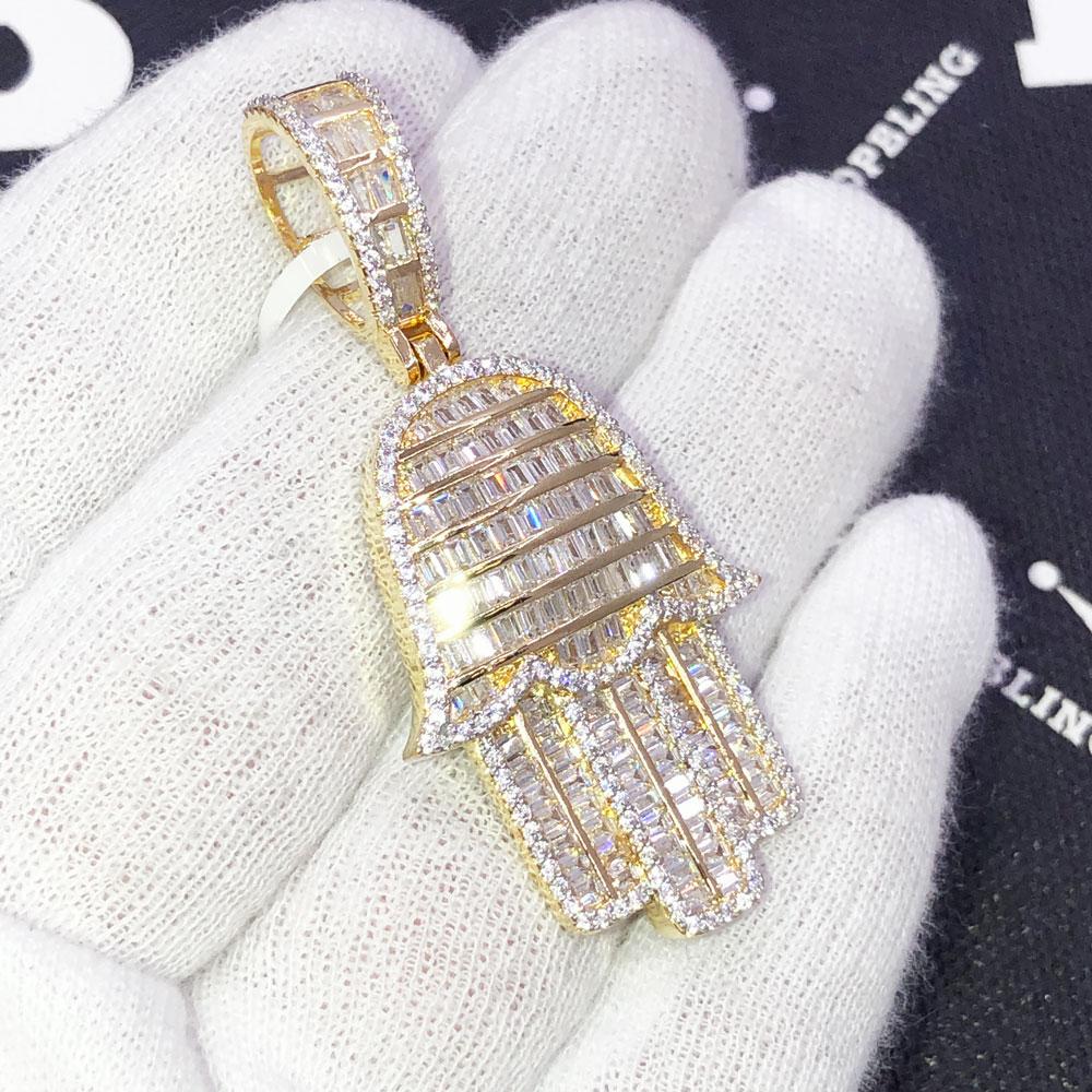 Hamsa Baguette CZ Hip Hop Bling Iced Out Pendant Yellow Gold HipHopBling