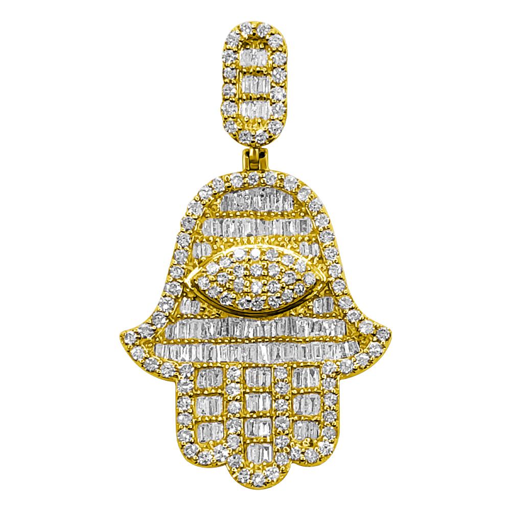 Hamsa Baguette Diamond Pendant 2.00cttw 10K Yellow Gold HipHopBling