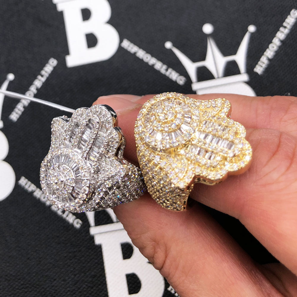 Hamsa Baguette Diamond Ring 3.90cttw 10K Gold HipHopBling