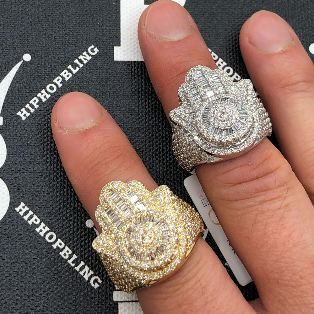 Hamsa Baguette Diamond Ring 3.90cttw 10K Gold HipHopBling
