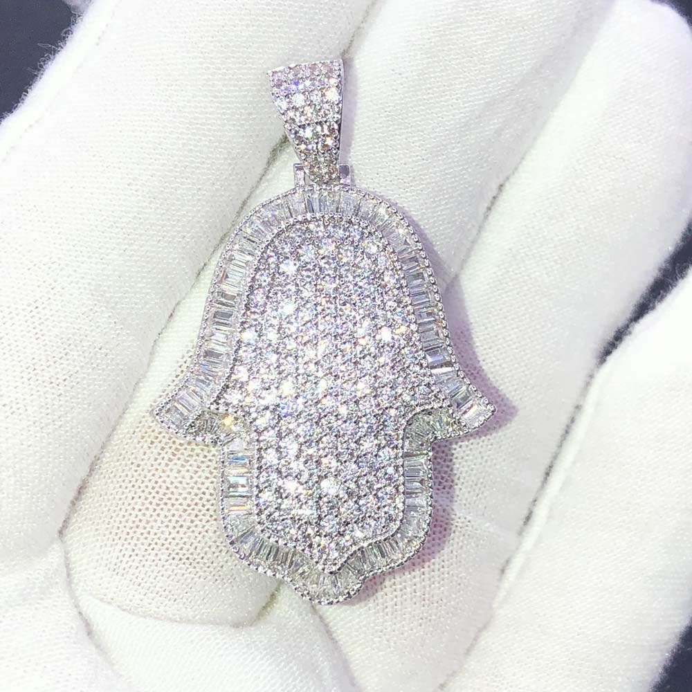 Hamsa Baguette Edge CZ Hip Hop Bling Bling Pendant White Gold HipHopBling