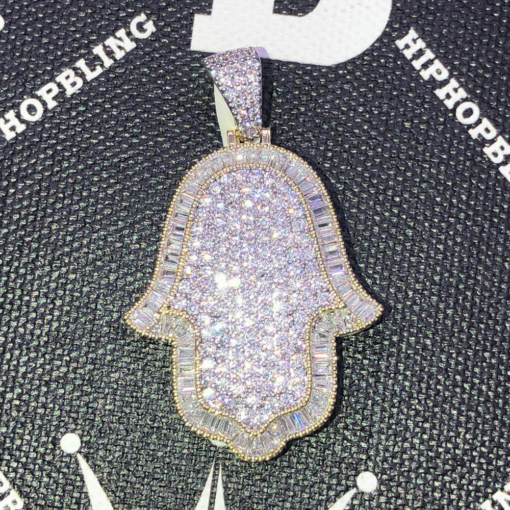 Hamsa Baguette Edge CZ Hip Hop Bling Bling Pendant Yellow Gold HipHopBling