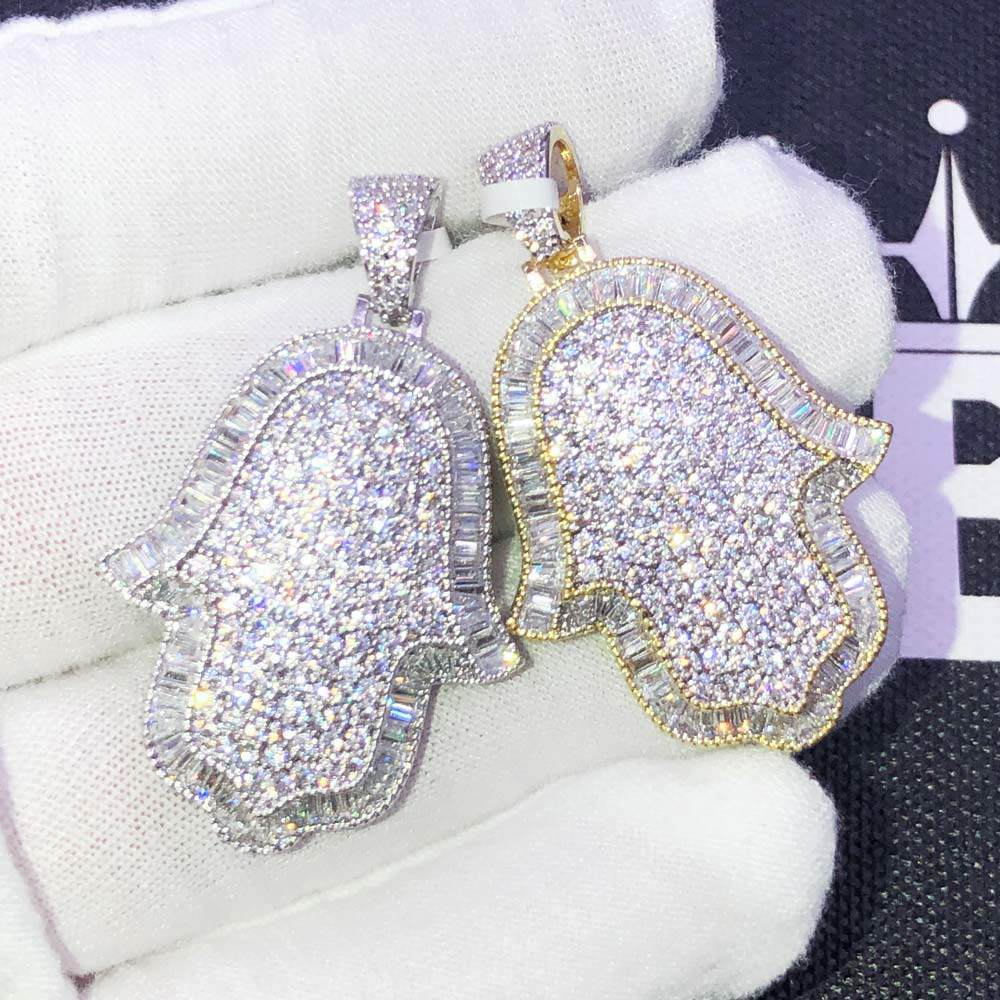 Hamsa Baguette Edge CZ Hip Hop Bling Bling Pendant Yellow Gold HipHopBling
