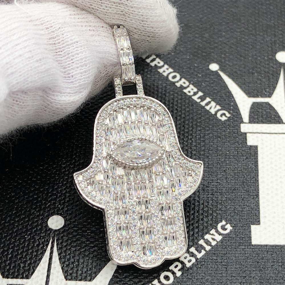 Hamsa Baguette VVS Moissanite Pendant 4.34cttw .925 Sterling Silver HipHopBling