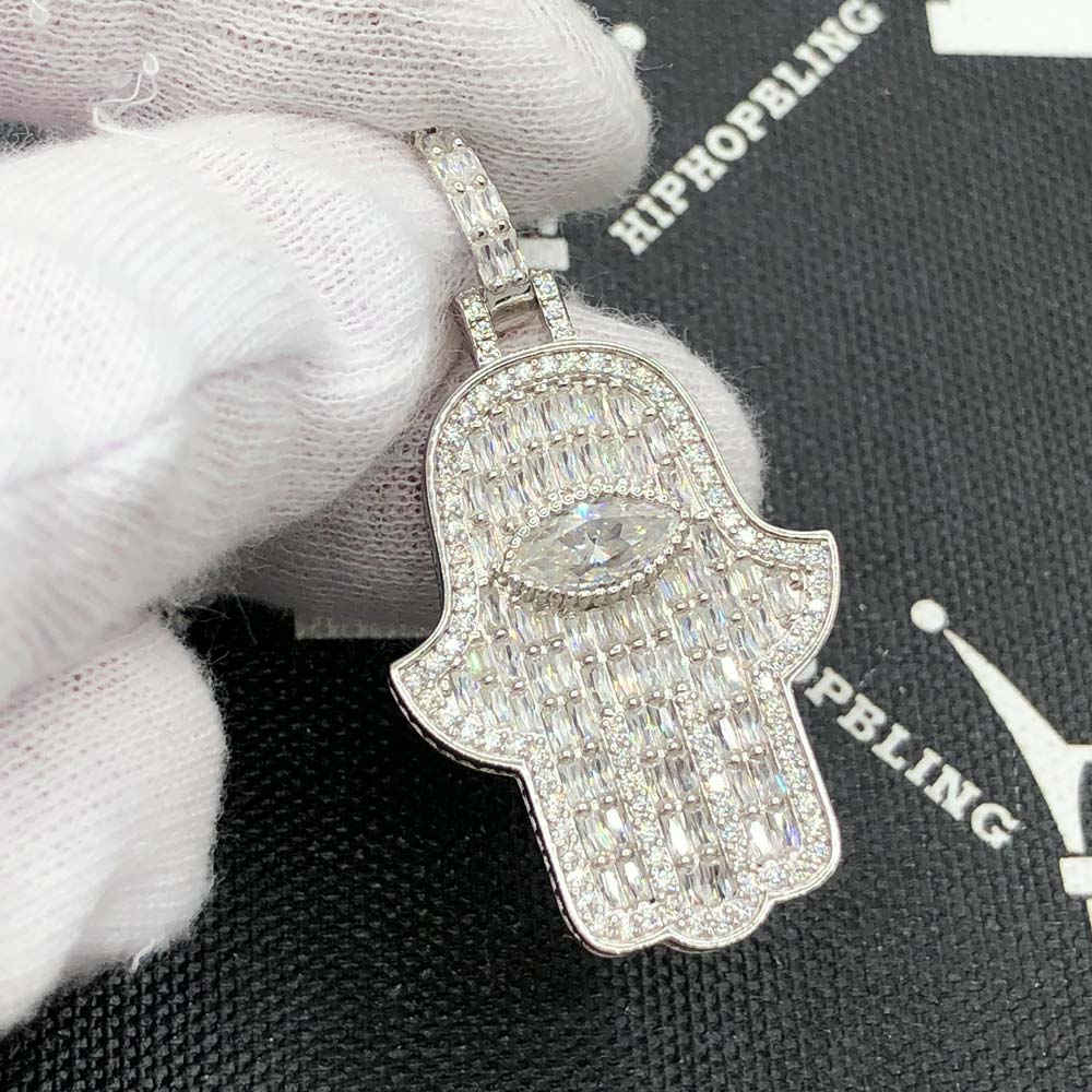 Hamsa Baguette VVS Moissanite Pendant 4.34cttw .925 Sterling Silver HipHopBling