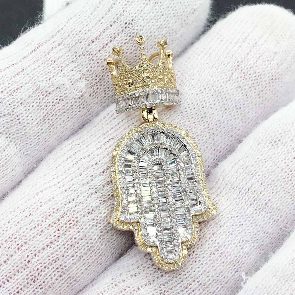 Hamsa Crown Baguette Diamond Pendant 1.80cttw 10K Yellow Gold HipHopBling