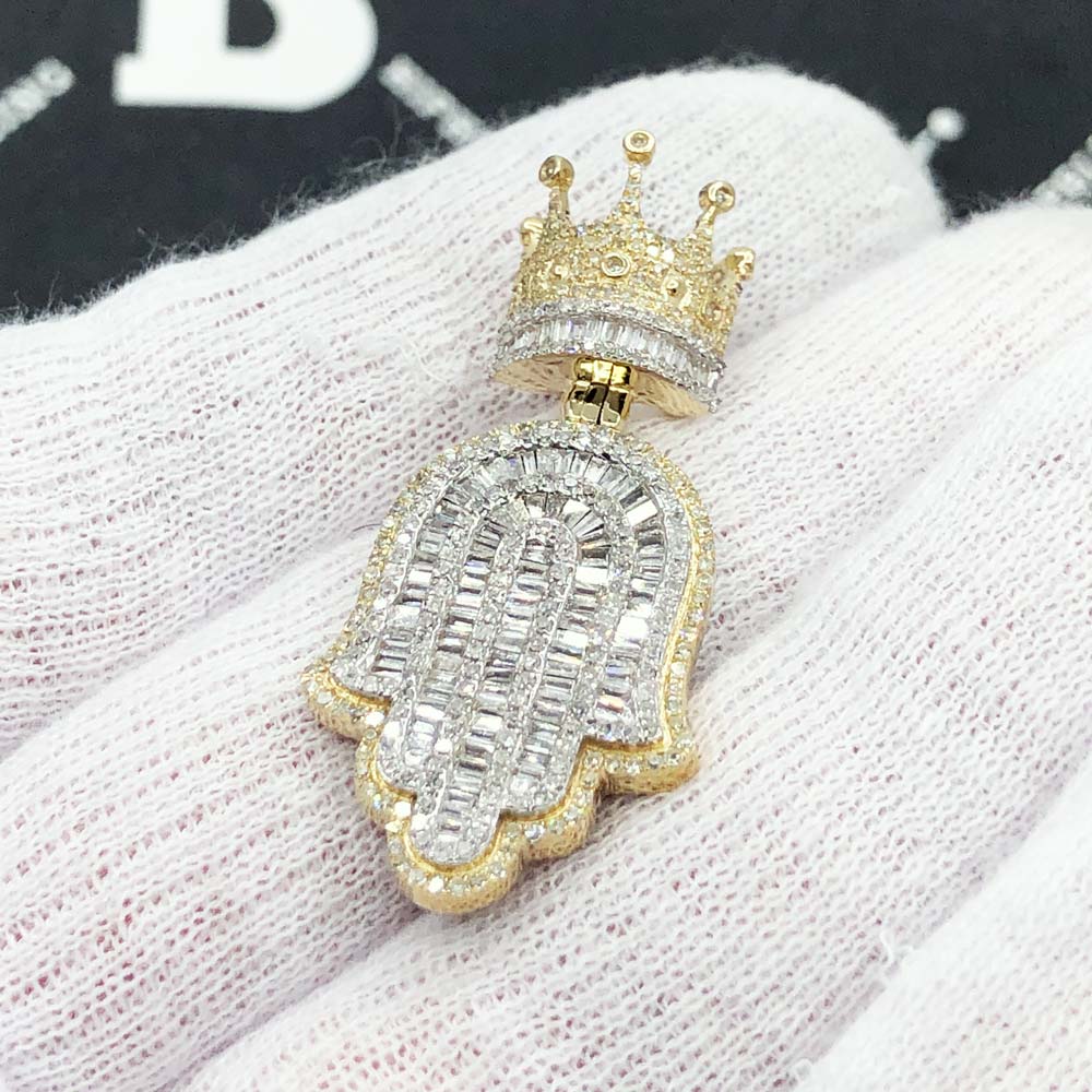 Hamsa Crown Baguette Diamond Pendant 1.80cttw 10K Yellow Gold HipHopBling