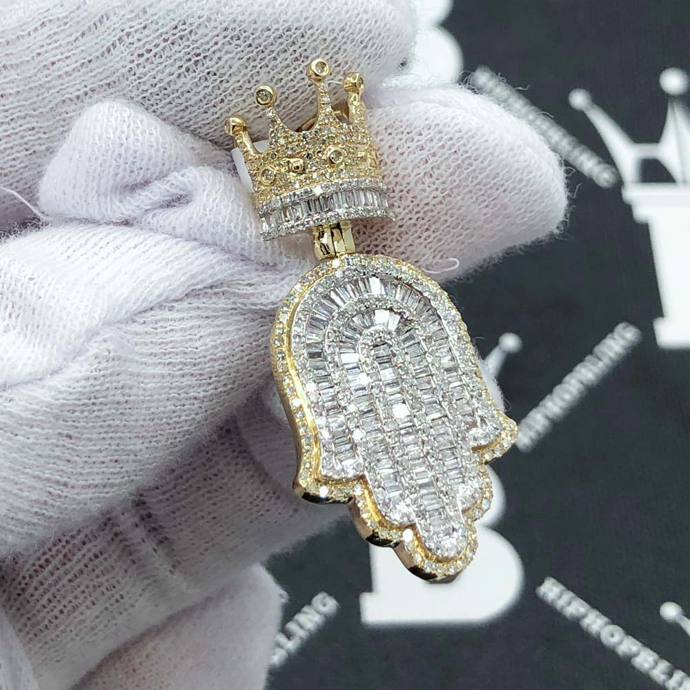 Hamsa Crown Baguette Diamond Pendant 1.80cttw 10K Yellow Gold HipHopBling