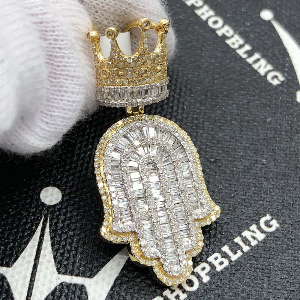 Hamsa Crown Baguette Diamond Pendant 1.80cttw 10K Yellow Gold HipHopBling