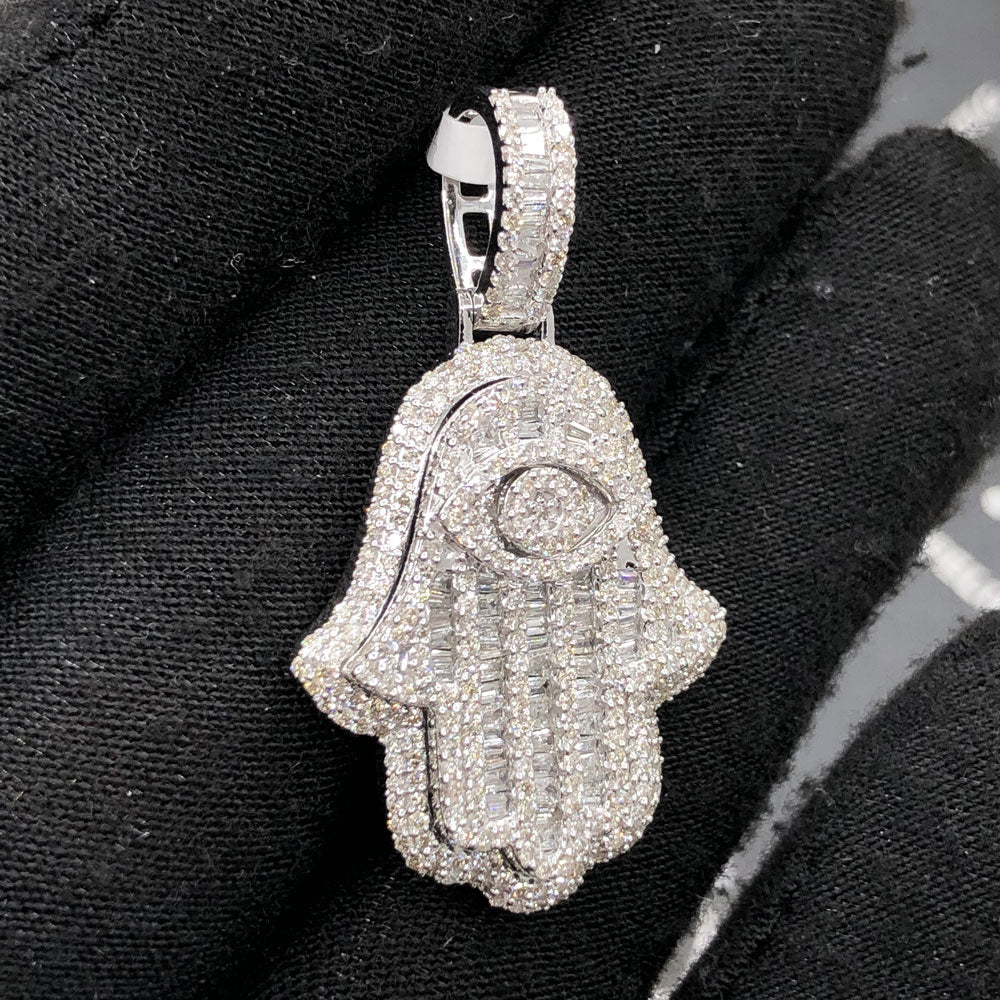 Hamsa Hand Baguette 1.88cttw Diamond Pendant 10K Gold 10K White Gold HipHopBling