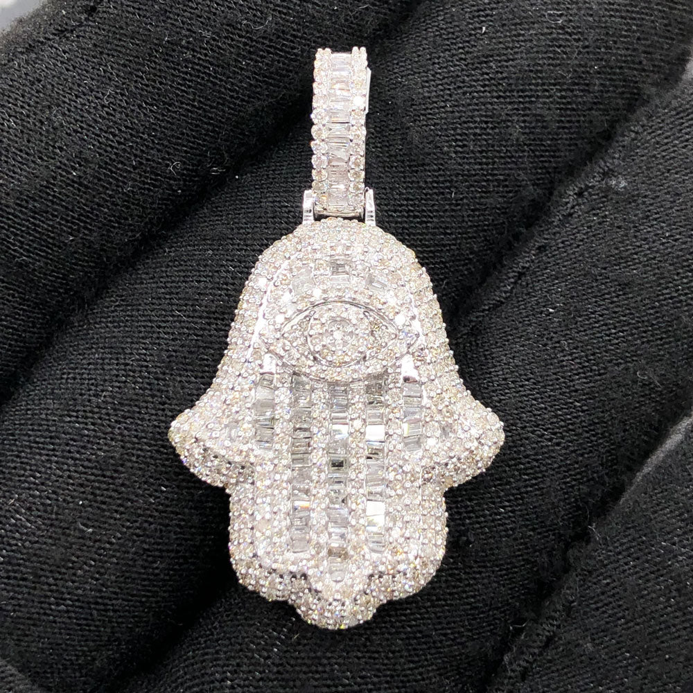 Hamsa Hand Baguette 1.88cttw Diamond Pendant 10K Gold 10K White Gold HipHopBling