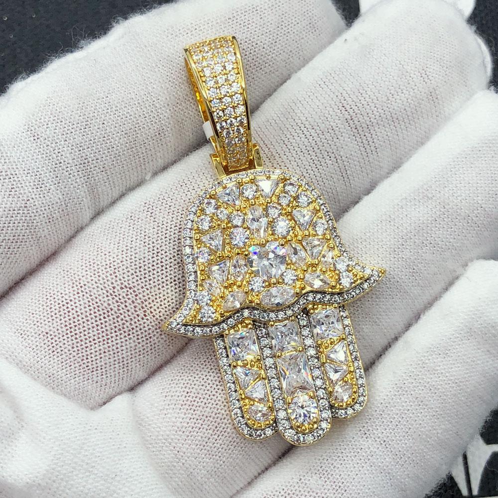 Hamsa Ice Medley CZ Hip Hop Bling Iced Out Pendant Yellow Gold HipHopBling