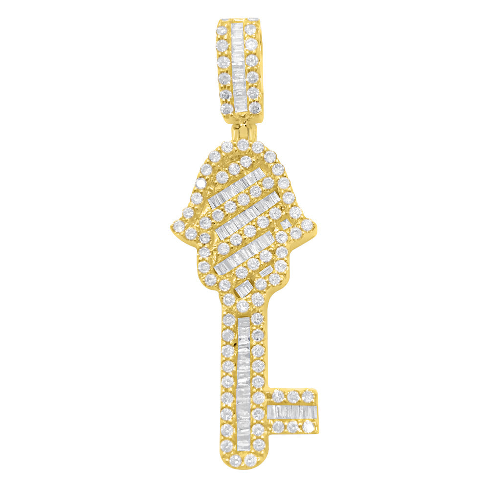 Hamsa Key Baguette Diamond Pendant 1.45cttw 10K Yellow Gold HipHopBling