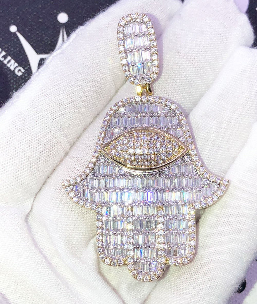 Hamsa Large Baguette CZ Hip Hop Iced Out Pendant Yellow Gold HipHopBling