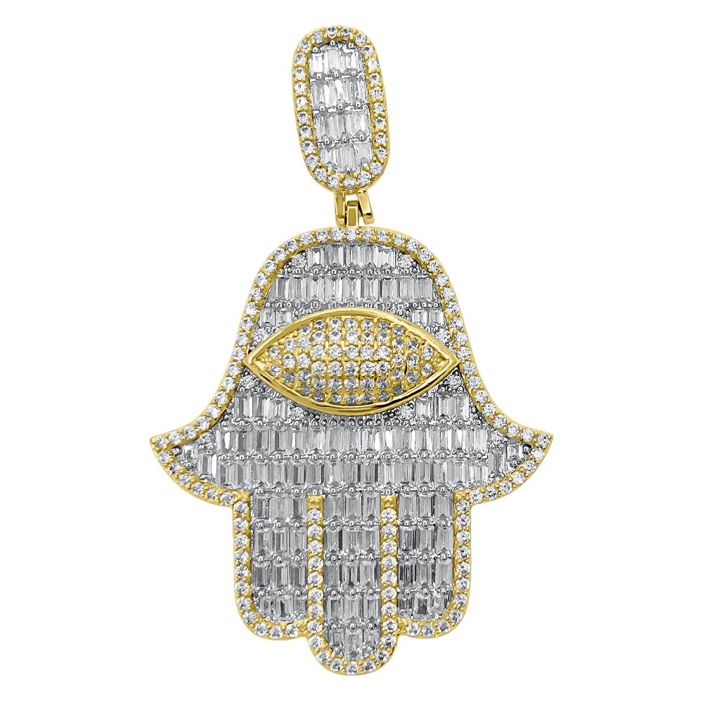 Hamsa Large Baguette CZ Hip Hop Iced Out Pendant Yellow Gold HipHopBling