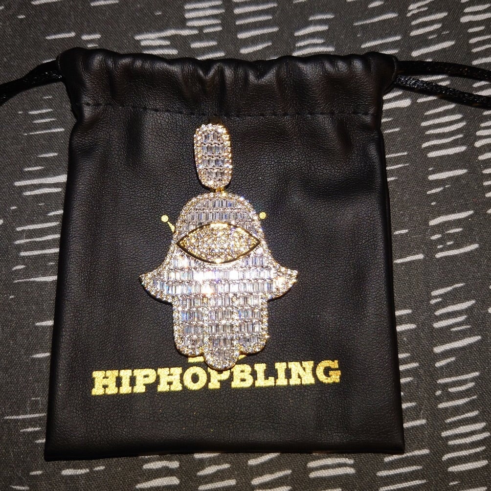 Hamsa Large Baguette CZ Hip Hop Iced Out Pendant Yellow Gold HipHopBling