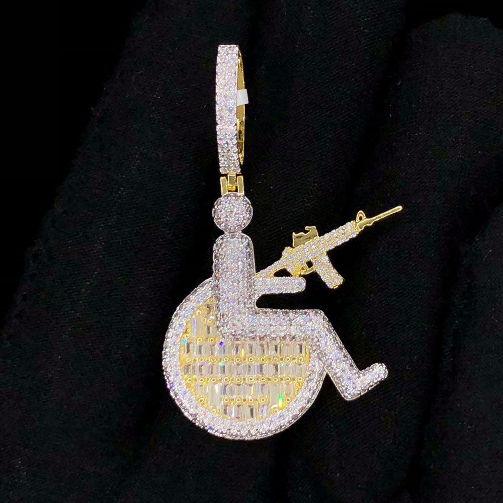 Handicap Machine Gun VVS CZ Hip Hop Iced Out Pendant Small Yellow Gold HipHopBling