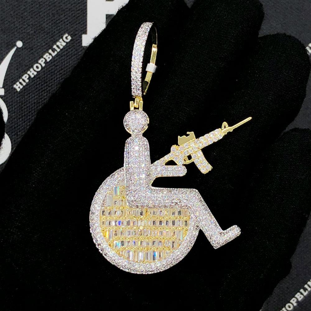 Handicap Machine Gun VVS CZ Hip Hop Iced Out Pendant Small Yellow Gold HipHopBling