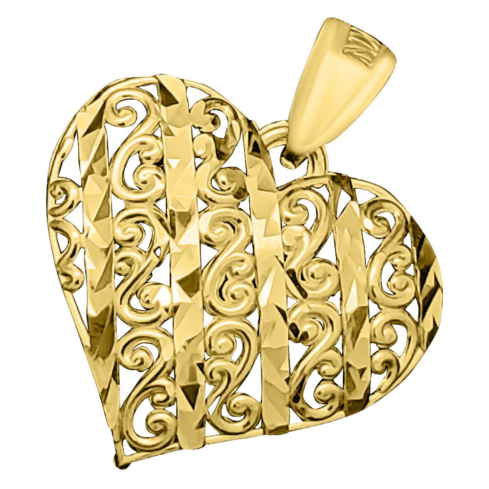 Heart 3D Detailed Filagree DC 10K Yellow Gold Pendant HipHopBling